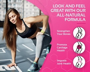 A woman stretching with text highlighting the benefits of CogniTune's collagen supplement, including joint flexibility and firmer skin.