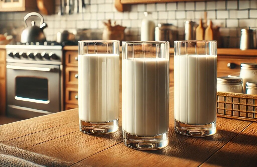 Three glasses of milk on a kitchen counter, a natural source of calcium often paired with a calcium supplement to meet daily needs.