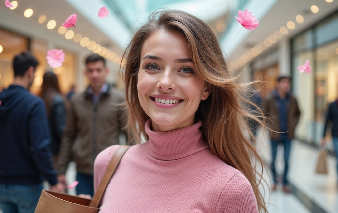 A woman in a blush pink dress walks through a mall wearing pure rose essential oil, rose petals floating in the air, as a man turns to admire her beauty.